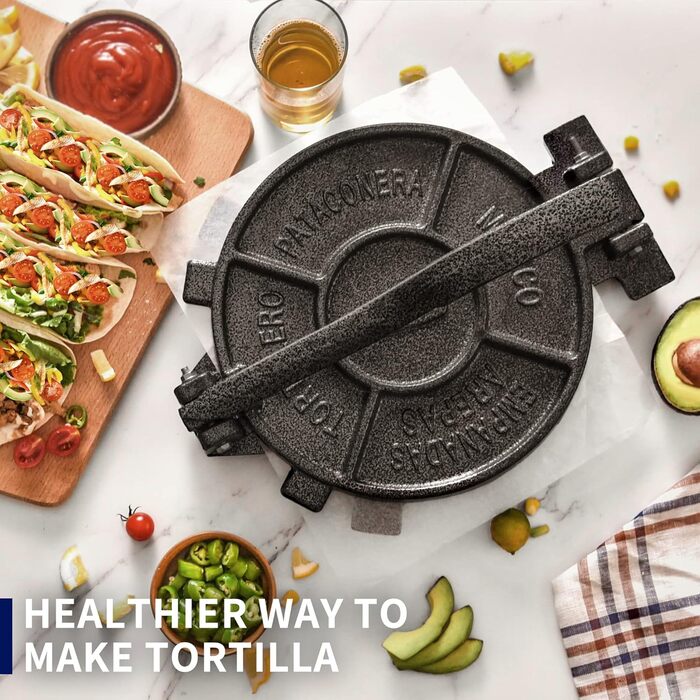 ARC Cast Iron Taco Press with 100 Parchment Papers - Tortilla Maker for Mehl Tortillas, Roti, Patacones - 8 Inch (20.3 cm)