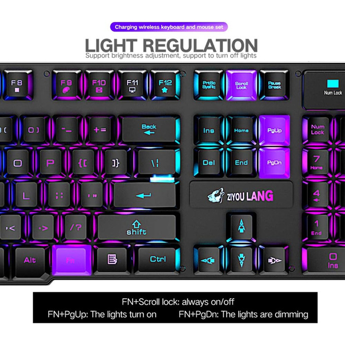 Бездротова клавіатура з підсвічуванням RGB, 2.4G, перезарядна, механічна, 104 клавіші + Миша RGB 2400 DPI, 6 кнопок + Килимок для миші Чорний