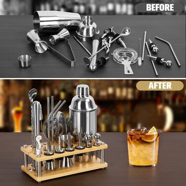 Набір шейкер для коктейлів зі стійкою, 750 мл, 20 предметів, нержавіюча сталь, професійний барменський набір, 4 силіконових підкладки, подарунок для чоловіків, жінок, друзів