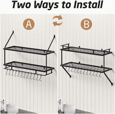 KES Double Kitchen Shelf Pan Holder Kitchen Utensil Holder Kitchen Pan Holder with 12 Hooks Hanging Shelf Pot Wall Shelf 75CM Wall Mounting Matt Black, KUR215S75B-BK