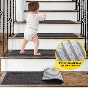 Килимок для сходів JSEI, 15 шт., 20.3 x 76.2 см, антиковзкий, для дітей та домашніх тварин, 100% поліестер, TPE-підкладка, темно-сірий