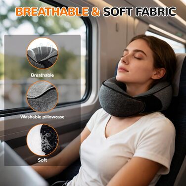 Подушка для шиї у літак, подушка для подорожей Memory Foam 360° підтримка, подушка-вичка з навушниками, маска для сну та сумка. Регульована, компактна подушка для подорожей літаком, автомобілем, поїздом. Чорний колір