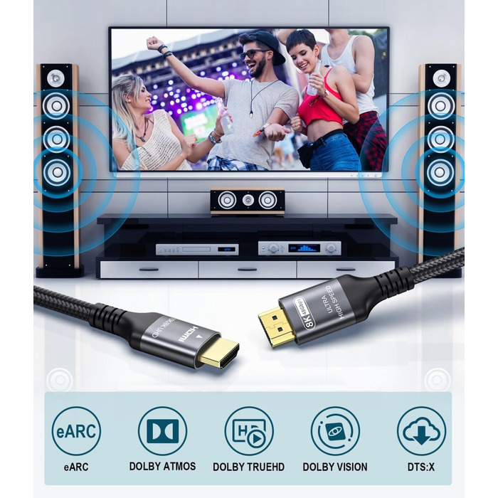 HDMI 2.1 кабель Adauxter 2 метри: 8K, 48Gbps, eARC, HDCP2.3, HDR10+, для PS5, X-Box, PC, TV, монітор