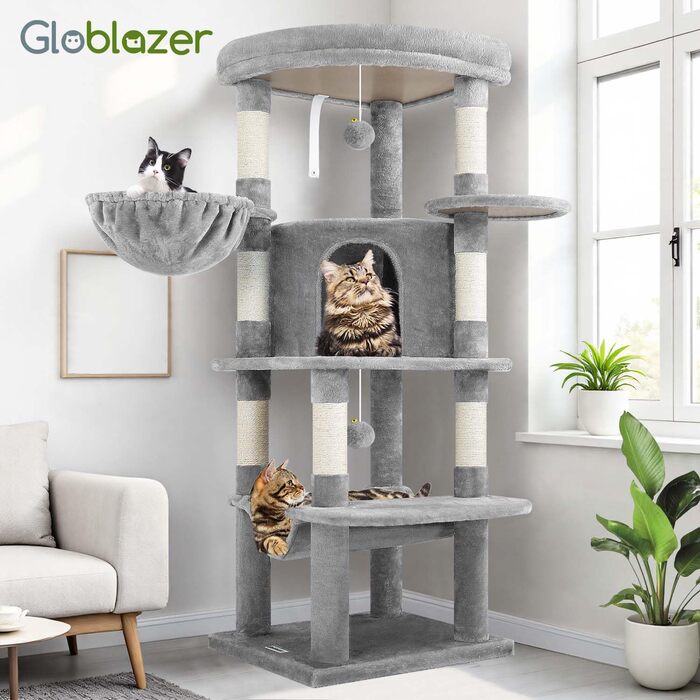 Котячий будиночок Globlazer з когтеточкою, великий, стабільний, кутовий, з великим котячим будинком, гамаком, м'яким кошиком, когтеточкою 130 см для великих котів (C51, світло-сірий) XL світло-сірий