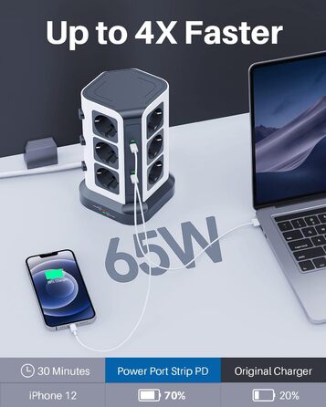Блок розеток KOOSLA з USB-C, 12 розеток, 3680W/16A, захист від перенапруги (1500J), індивідуальне вмикання, сірий колір, 5м кабель, 65W PD USB-C, 2м