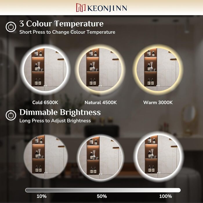 Дзеркало для ванної кімнати Keonjinn кругле, 60см з підсвічуванням, антизапар, сенсорне управління, пам'ять, 3 кольори світла, регулювання яскравості, LED, без рамки