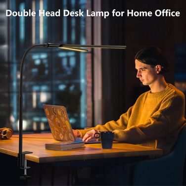 LED Desk Lamp with Adjustable Gooseneck - Dual Head, 1200 Lumens, Eye Protection for Home Office & Study - Black with 5 Color Temperature/Brightness Levels