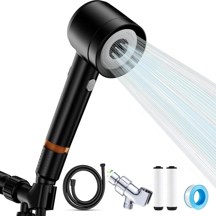 YOUMEIYUAN High-Pressure Shower Head with Handheld Shower, 4 Spray Modes, Water-Saving, Includes Hose, Holder, and Cotton Filter, Pink (Black)