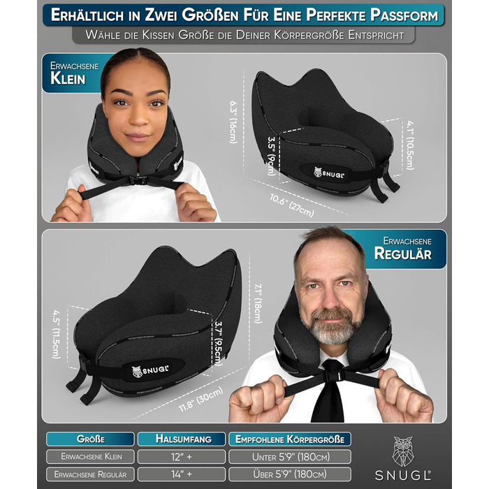 Подушка для шиї SNUGL з Memory Foam, регульована та миюча | Зручна подушка для подорожей на літаку, в авто та в дорогу | Подушка-шиїчкі SNUGL (Чорний, для дорослих)