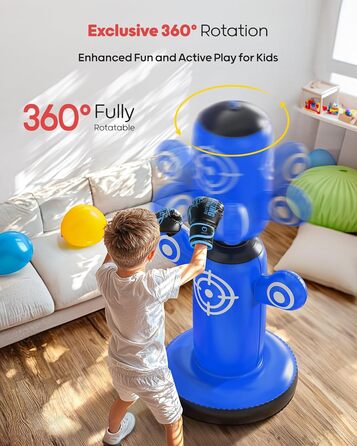 Дитячий боксерський мішок QPAU 360° з рукавичками, насосом та 6 цілями. Надувний боксерський мішок Bop Bag для карате, подарунок для хлопчиків та дівчаток (Блакитний)