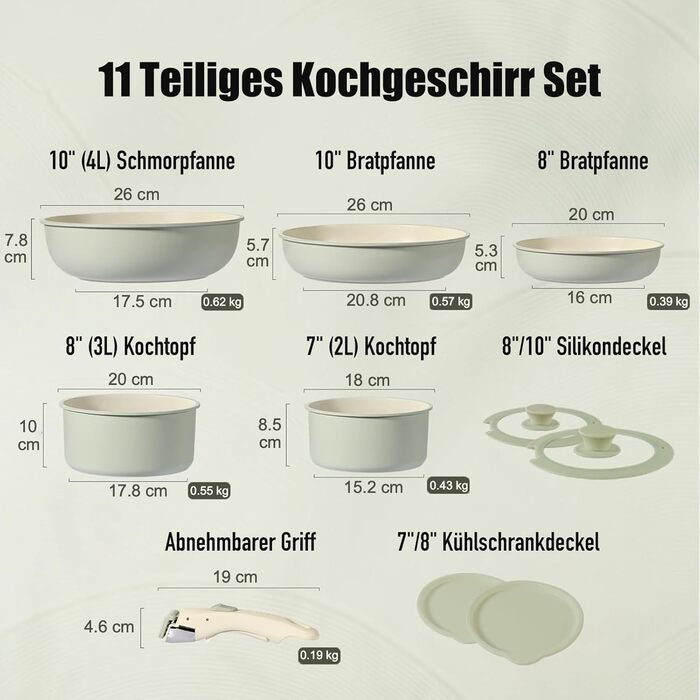 Набір посуду з антипригарним покриттям 11 предметів з знімними ручками: набір каструль та сковорідок для індукційних, газових плит, духовки та посудомийної машини, без PFAS (зелений)