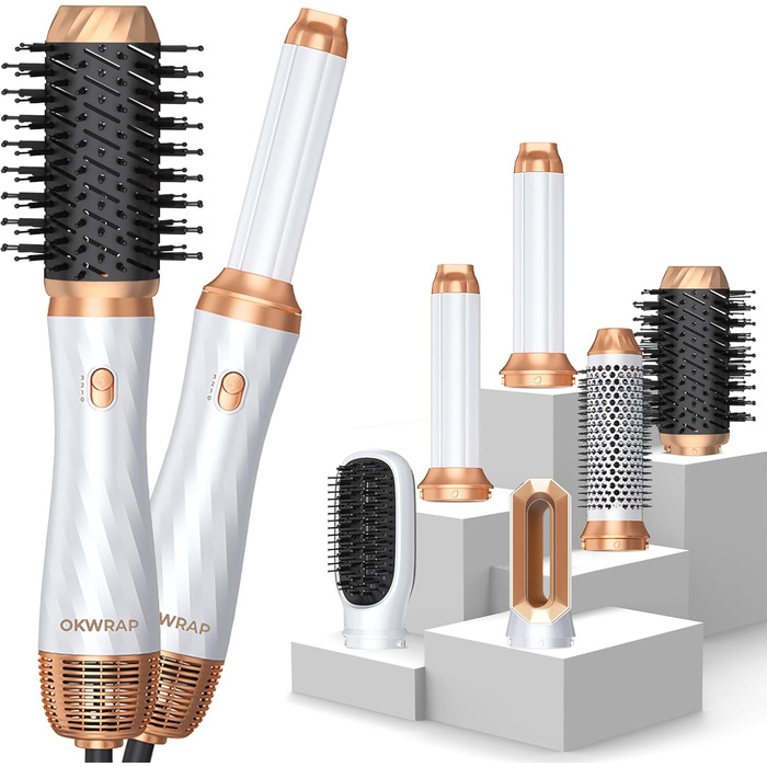Набір для укладки волосся 5 в 1, стайлер для волосся, фен, плойка, щітка для об'єму, термощітка, для випрямлення, сушіння, створення об'єму та локонів (біло-сірий)