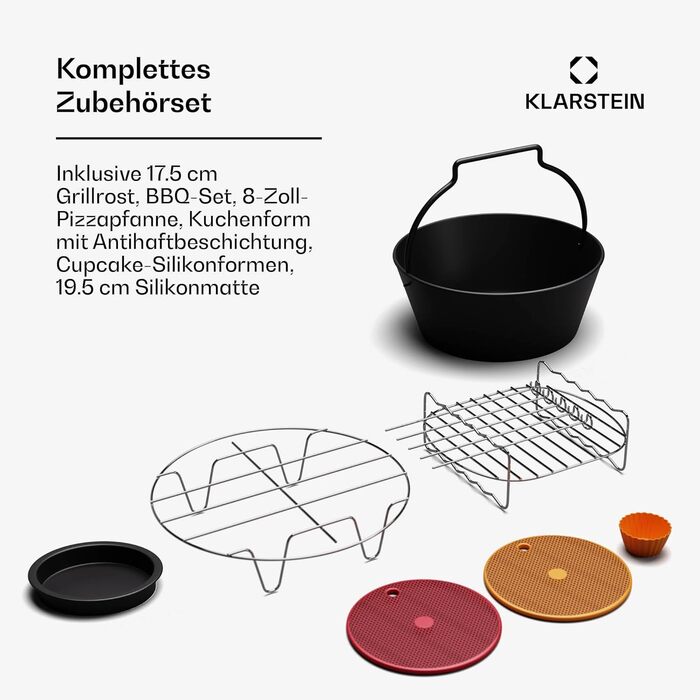 Klarstein AeroVital Deluxe Air Fryer Accessories – Grill Rack, BBQ Set, Pizza Pan, Cake Pan, Silicone Molds & Mat, Dishwasher Safe, Non-Stick, Compatible with AeroVital Models White Complete Accessory Set