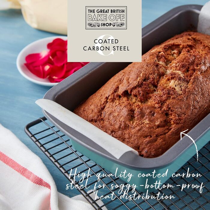 The Great British Bake Off Loaf Tin for Baking, 900g Capacity, for Bananas, White and Seeded Breads, Official GBBO Logo, Non-Stick Carbon Steel, Delicate Egg Blue, 23 x 13 x 7 cm