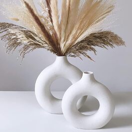 Ceramic Vase Set for Pampas Grass - 2pcs (Large & Medium), Modern Matte Donut Vases for Home Decor, Flowers, Table, Shelf, Fireplace, Living Room, Bedroom, Office, Wedding, Party, Gift - White