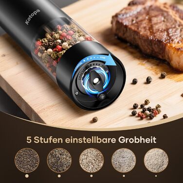 Електричні мельниці для солі та перцю 2 шт. (чорні) з регулюванням помелу, LED-підсвіткою та ємністю 100 мл
