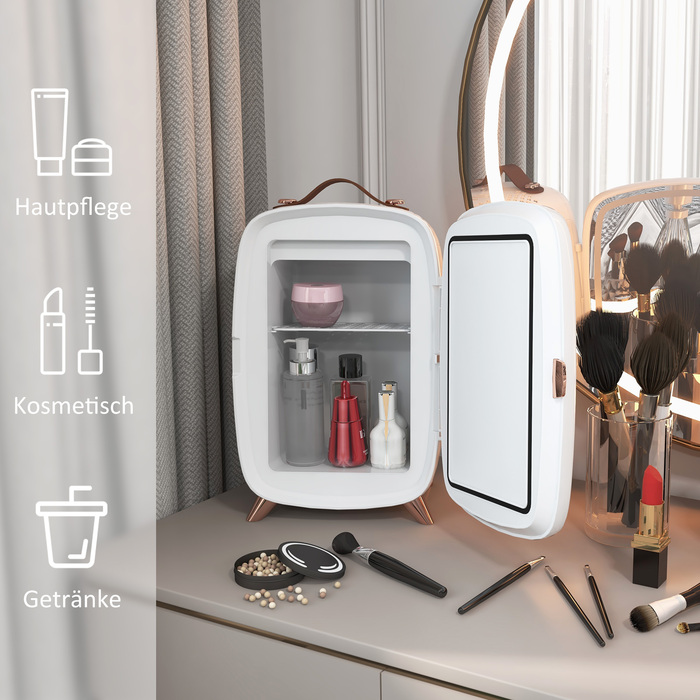HOMCOM Portable Mini Fridge for Cosmetics, Drinks, and Snacks - Compact Design with Illuminated Mirror, Quiet Operation, 6L Capacity, White