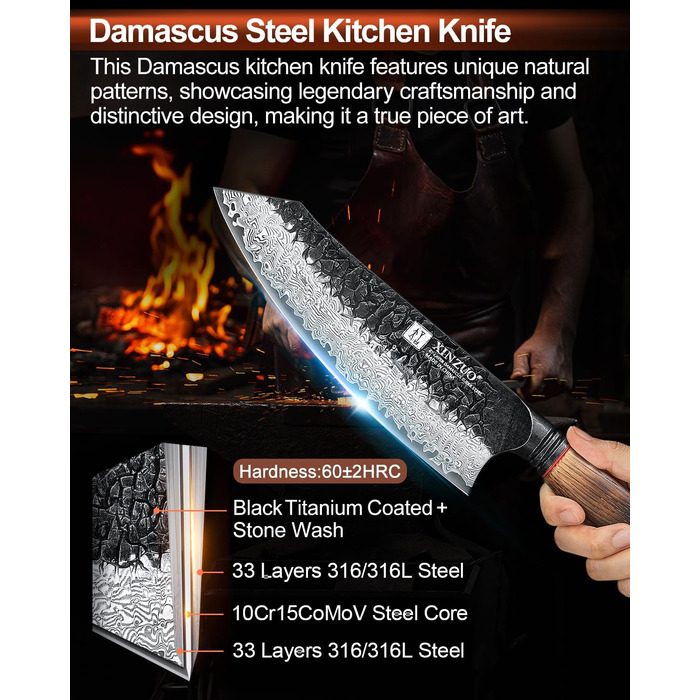 Ніж Сантоку XINZUO Damaststahl 19,3 см - професійний кухонний ніж з дамаської сталі, серія Mo, ергономічна ручка з білого дуба