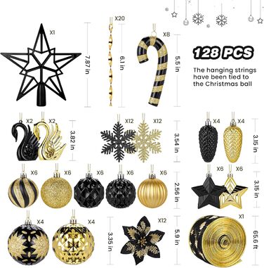 Набір прикрас для ялинки Alupssuc 128 шт: кулі, квіти, стрічки, верхівка, гачки. Чорний та золотий, синій та золотий.