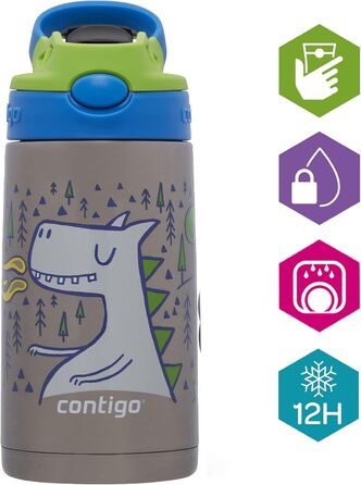 Contigo Kinder Easy Clean Autospout Water Bottle with Straw, BPA-Free Durable Water Bottle, 100% Leak-Proof, Easy to Clean, Ideal for Daycare, Kindergarten, School, and Sports, 420 ml (Matcha Dragon, Stainless Steel)