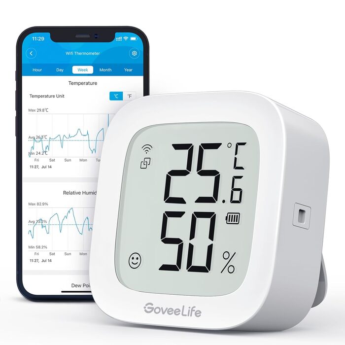 GoveeLife Wi-Fi Hygrometer Thermometer, Digital Indoor Temperature and Humidity Meter with App Notifications, Alarm & Data Storage, Remote Control Suitable for Bedrooms, Wine Cellars