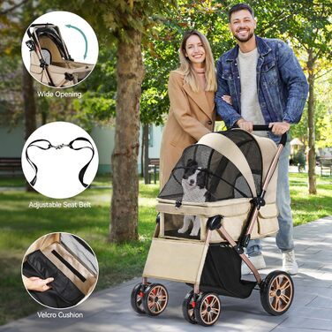 YITAHOME Buggy для собак та котів, складний, до 22 кг, з обертовим ручками, сітковими вікнами, тримачем для напоїв, EVA-колеса з гальмом (Бежевий)