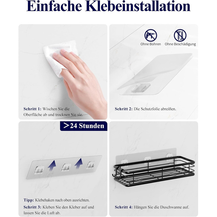 Набір душових поличок Kitsure (3 шт.) без свердління, нержавіюча сталь, чорний, великий (W 30 см)