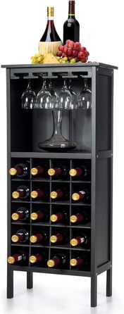 RELAX4LIFE Wine Rack Pine Wood, Wine Cabinet with Wine Glass Holder, Wine Holder for 20 Bottles, Wine Stand for Kitchen, Bottle Shelf for Wine & Drinks, Large Storage 42 x 24.5 x 96 cm (Black)