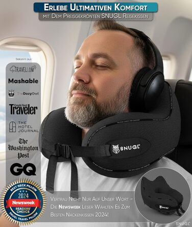 Подушка для шиї SNUGL з Memory Foam, регульована та миюча | Зручна подушка для подорожей на літаку, в авто та в дорогу | Подушка-шиїчкі SNUGL (Чорний, для дорослих)