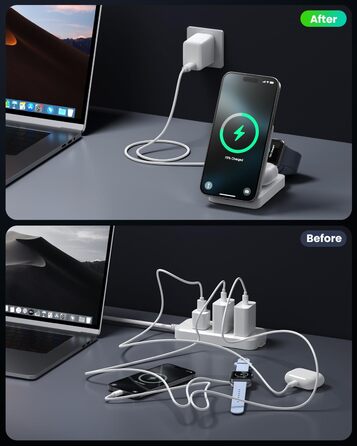 3-в-1 Бездротовий зарядний пристрій: Inductive Qi2, MagSafe, для iPhone 16/15/14/13/12, Apple Watch, AirPods (білий)