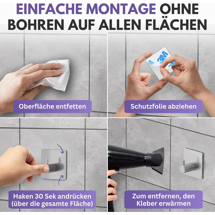 Набір гачків для рушників Filzada® (4 шт.) - не потребують свердління, нержавіюча сталь, 3M, водонепроникні, для ванної кімнати