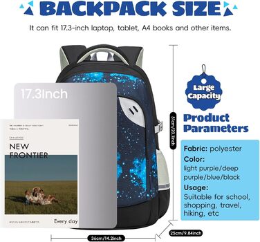 Шкільний рюкзак для підлітків 46L, рюкзак для школи, гімназії, старшої школи з нагрудним ременем, світловідбиваючими елементами, відділенням для 17.3' ноутбука, чорний (Casual-5255)