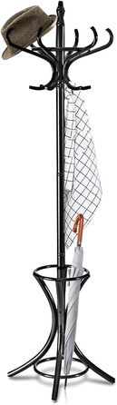 COSTWAY 184cm Wardrobe Rack with Umbrella Holder, Coat Rack with 12 Clothes Hooks, Clothes Rack made of Wood, Freestanding Coat Rack for Entryway, Living Room and Bedroom (Black)
