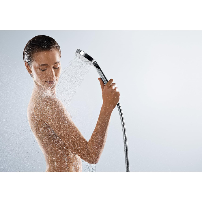 hansgrohe Croma Select E - water-saving showerhead 9 l/min (EcoSmart), hand shower with 3 spray patterns, square shower head (110 x 110 mm), showerhead with water-saving function and anti-limescale feature, White/Chrome (1 spray pattern)