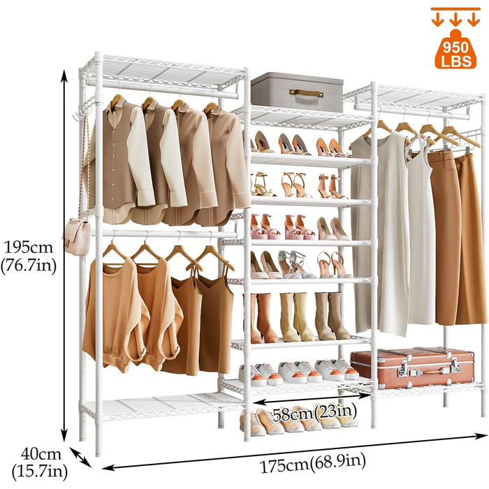 Стійка для одягу KZOBYD з полицями та вішалкою, металева, біла