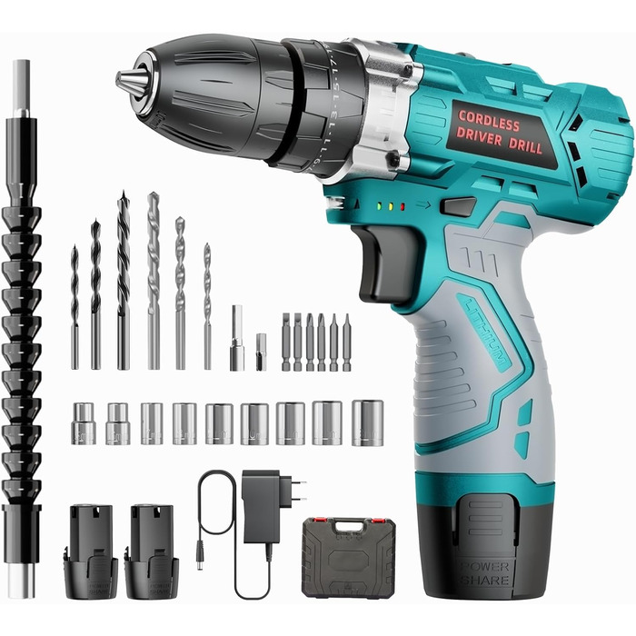 Акумуляторний шуруповерт 12V, 25 Nm, 2×2000mAh, 25+3 ступні крутного моменту, 24 шт. аксесуарів & кейс – для дому, DIY та монтажу меблів RT1028-H