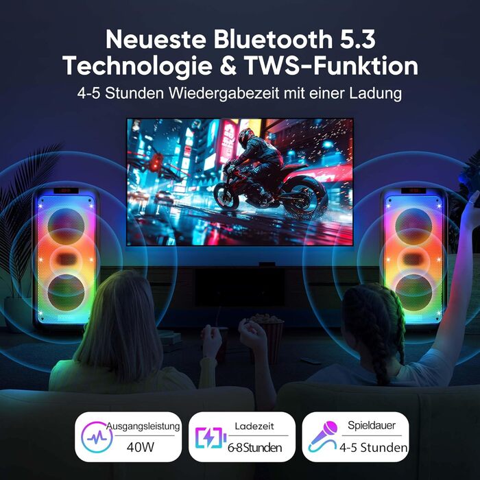 Караоке система Hukkmela з 2 мікрофонами, Bluetooth 5.3, USB, TF, Aux, LED підсвічування - чорний