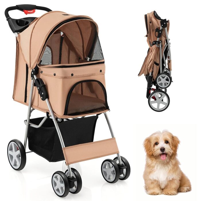 Візок для собак SOARS, до 15 кг, складаний, з сітковими віконцями, тримачем для напоїв та кошиком для зберігання, візок для домашніх тварин для маленьких тварин (Бежевий)