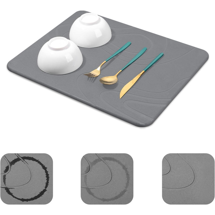 Килимок для сушіння посуду Snuggery, 61 x 40.6 см, сірий, з кремнеземом, швидковисихаючий, антиковзкий