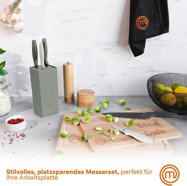 MasterChef 5-Piece Knife Block Set - Stainless Steel Kitchen Knife Set with Chef's Knife, Santoku, Bread Knife, Utility Knife & Vegetable Knife - Sharp, Black Soft-Touch Handles