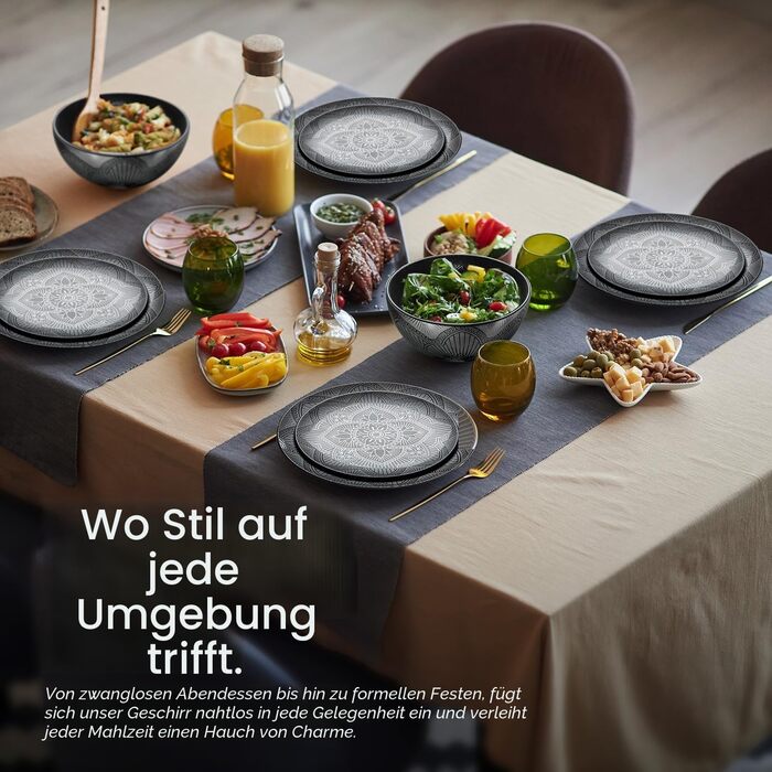 Набір тарілок та мисок Bzyoo з меламіну, 4 шт., чорний, La la Mandala. Без BPA, придатний для миття в посудомийній машині.