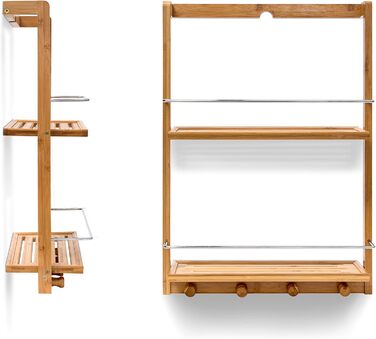 Relaxdays Shower Shelf made of Bamboo HxBxT: approx. 53 x 38 x 15.5 cm Shower shelf with 2 shelves made of moisture-resistant wood Hanging shelf for the bathroom as a practical hanging shelf with 4 towel hooks, natural