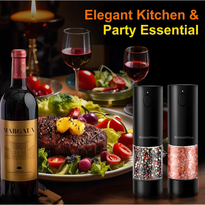 Electric Salt and Pepper Grinder Set, 2 Pieces, Automatic One-Hand Operation Pepper Grinders Rechargeable, Auto Pepper Shakers with Dust Covers, 5 Adjustable Coarseness Settings, LED Light