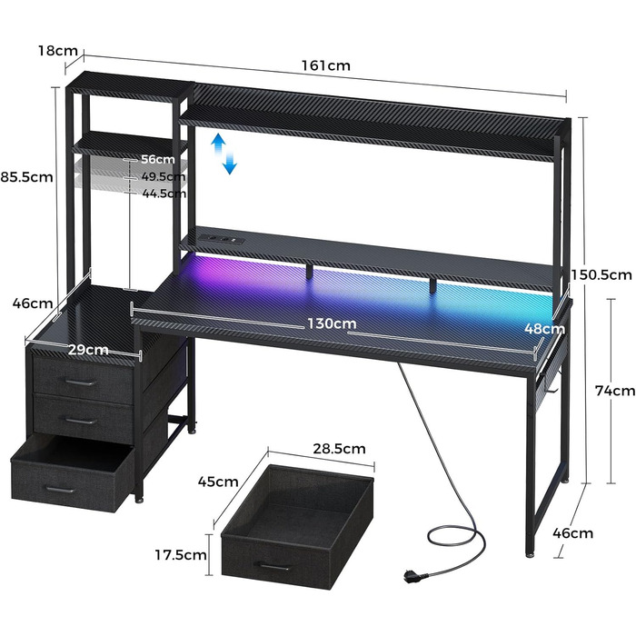 Ігровий стіл Coleshome з полицею та ящиками, 137×48 см. Стіл для геймінгу з LED-підсвіткою та розеткою, комп'ютерний стіл з місцями для зберігання та підставкою для монітора (Carbon Fiber Black, 161×48 см)