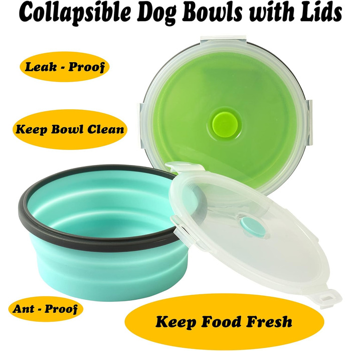 Складані миски для собак з силікону для корму та води, для подорожей, з кришкою, портативні, розширювані, для домашніх тварин, для прогулянок, кемпінгу, 2 шт. Великий розмір, блакитний / зелений