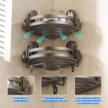 Поличка для душу без свердління, кутова поличка для ванної кімнати, органайзер для душу з тримачем для рушників та знімними гачками (2 шт., сірий) Трикутна