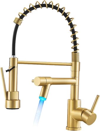 Кран кухонний LED Warmiehomy професійний, 360° поворотний, з двома виливами, високий вигин, спіральна пружина, для мийки, з нержавіючої сталі (золотий)