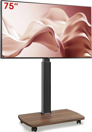 AOKCOS Rolling TV Stand with Wood Shelf - Adjustable Height & Swivel - Fits 43-75 Inch TVs (up to 50kg) - VESA 600x400mm - White+Natural (Black+Vintage Brown)