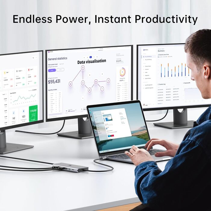 Док-станція USB-C 13-в-1 для ноутбука: 2 HDMI, DisplayPort, 100W PD, SD/TF, Ethernet, Audio/Mic (сірий)