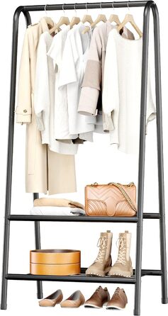 Robust metal clothes rack with double shelves for hanging clothes, freestanding and portable metal clothes rack, 62 L x 35 W x 157.5 H cm space-saving design, Gold (Black)